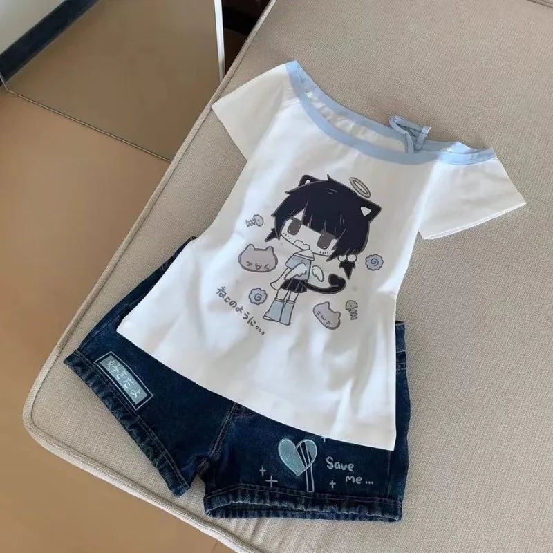 Japanese Y2K Print Skew Collar T-Shirts Summer Off Shoulder Short Sleeve Tee Shirt New Loose All-Match Top for Women - view 4