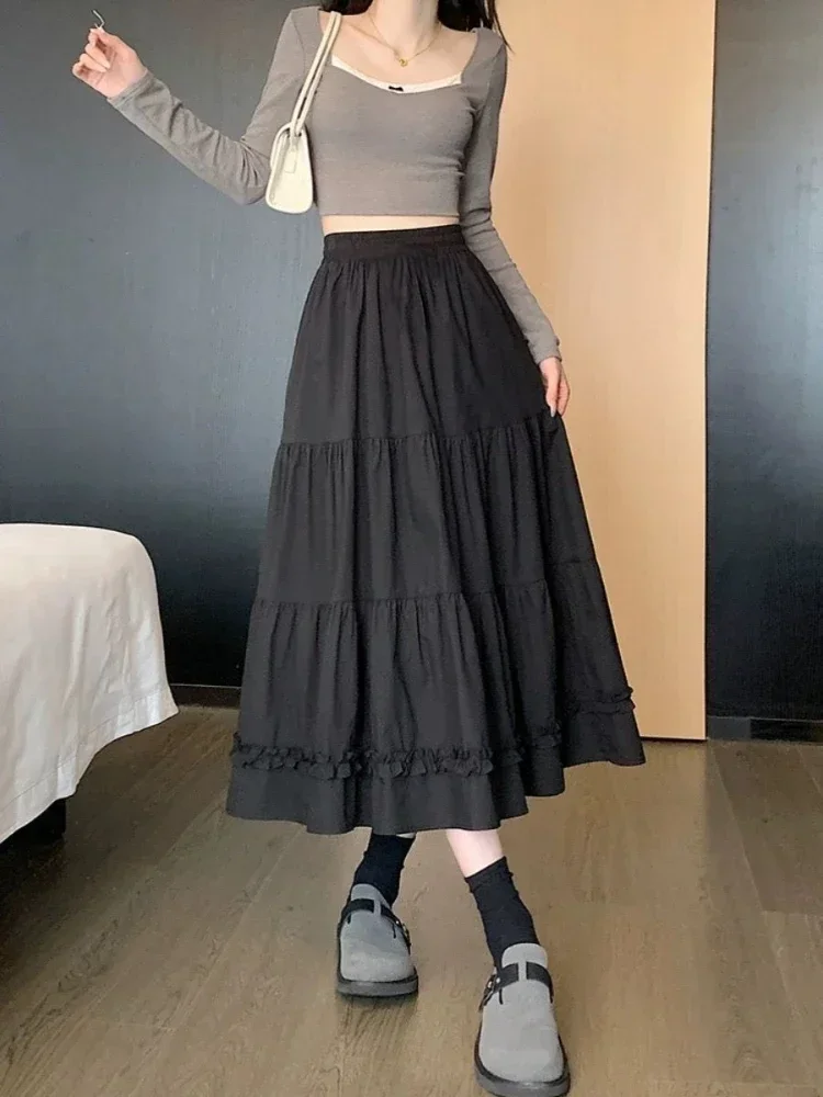 Sweet White Long Skirts Women Fashion Elastic High Waist  A-line Skirt Female Cute Pleated Mid-length Black Faldas Gothic New