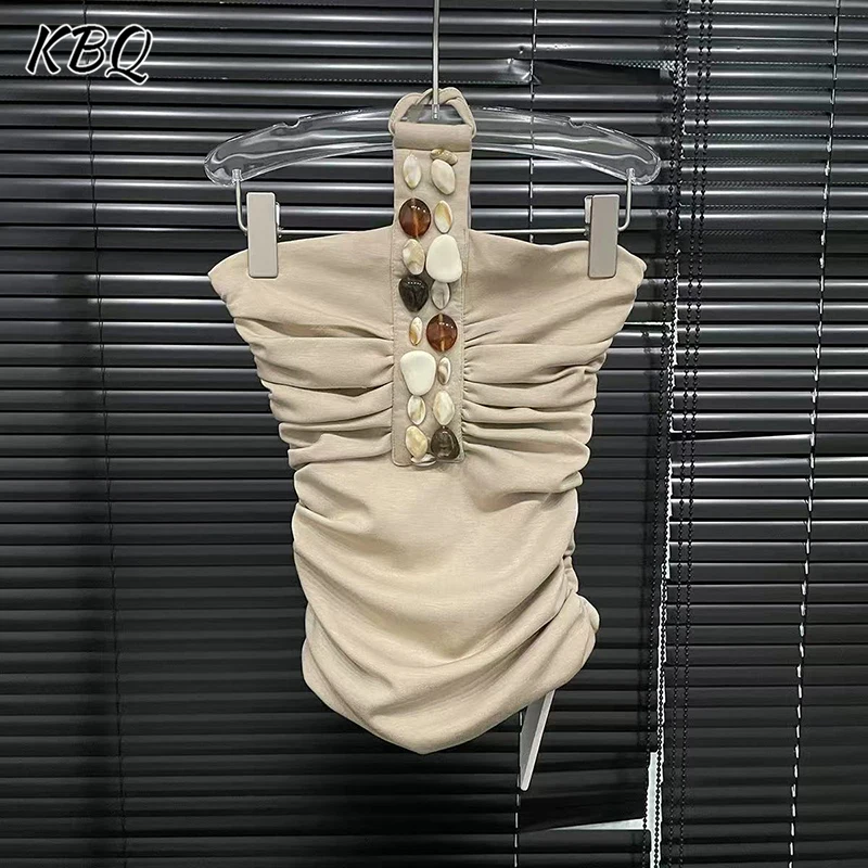 

KBQ Solid Slim Fit Spliced Appliques Solid Vests For Women Round Nek Sleeveless Backless Summer Sexy Party Vest Female Fashion