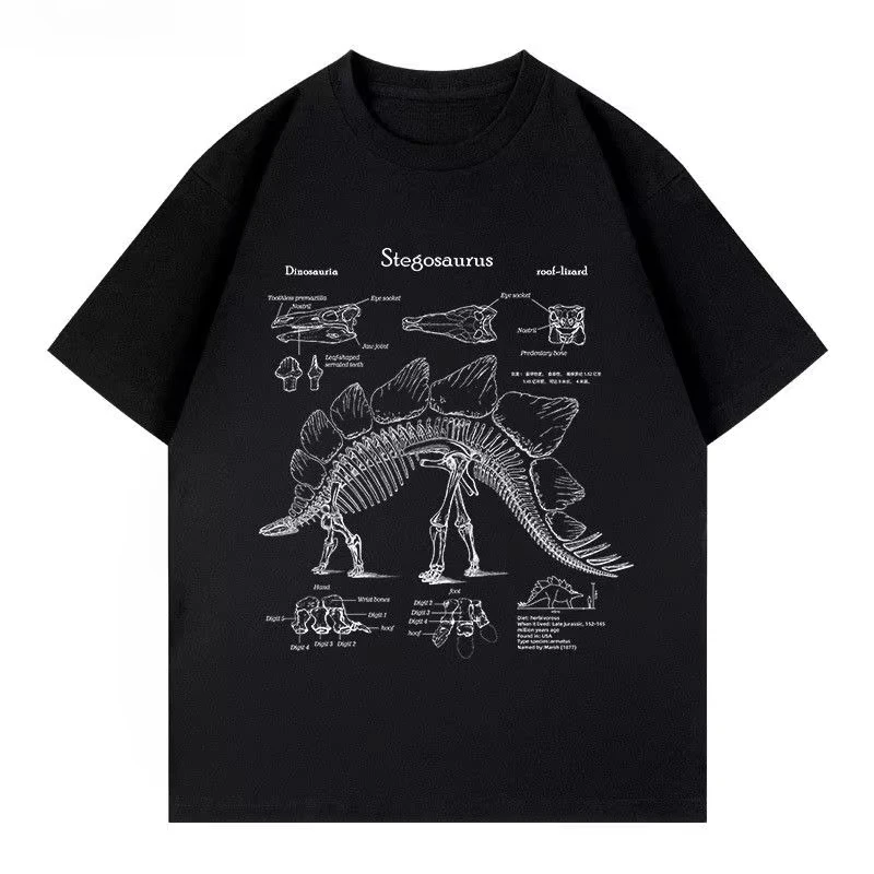 2026 Vintage Stegosaurus Dinosaur Skeleton Anatomy Print Short‑Sleeve T‑Shirt For Kids Adults Science Theme Crew Neck Casual Tee