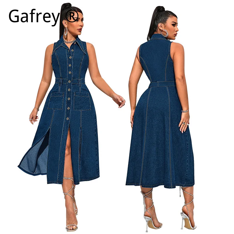 

XL 2XL 5XL Plus Size Denim Dress Women Sleeveless Button Front Open Cardigan Jean Dress Side Slit Maxi Long Dress Summer Beach