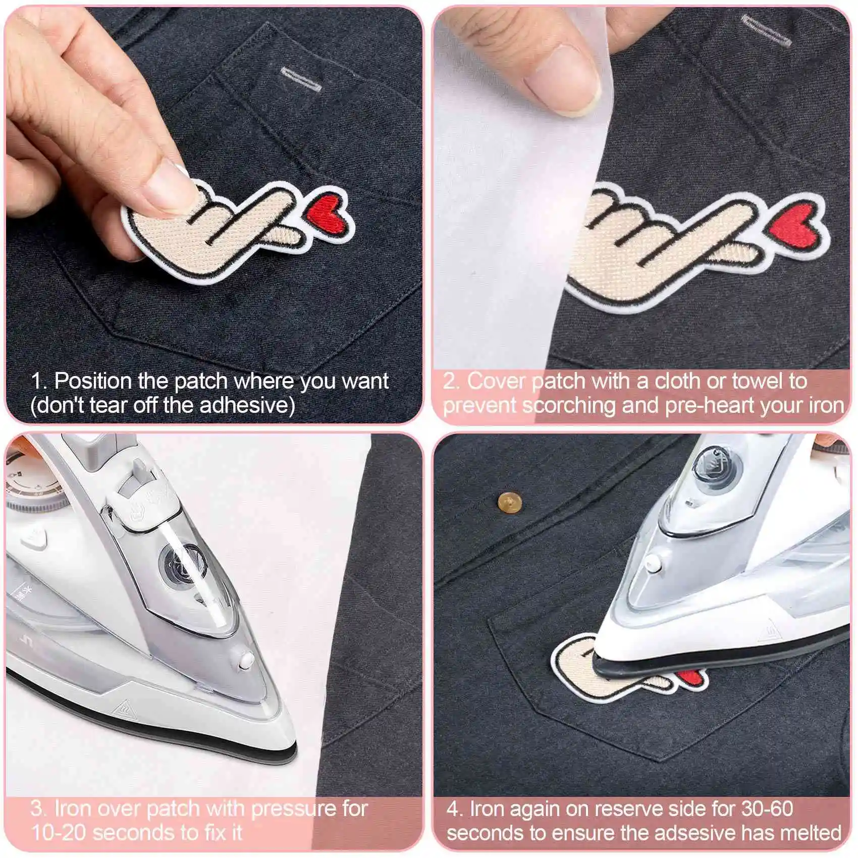 20PCS Finger Heart Patches,Korean Kpop Finger Heart Sew on Embroidery Patch, Fabric Applique Sticker Decal Pin for Jeans