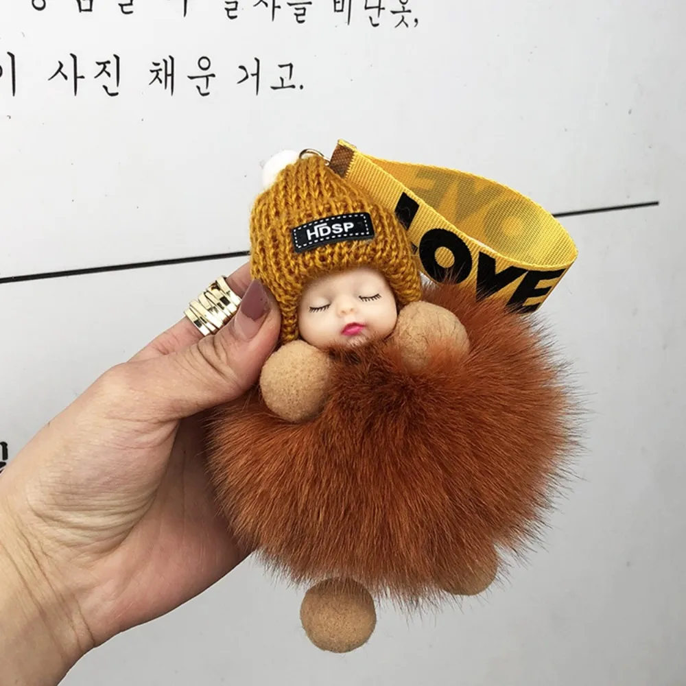 Colorful Pompom Sleeping Baby Keychain Plush Doll Pompom Cute Fluffy Plush Doll Key Chain Baby Doll Fluffy