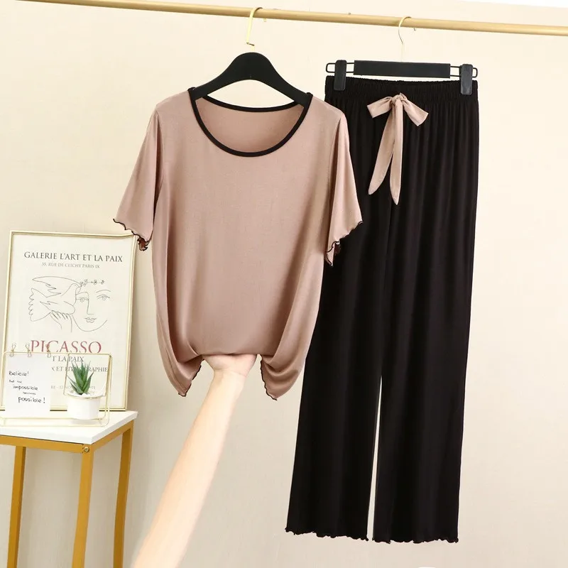 Fdfklak New Modal Loose Home Wear Pijamas Women Short-Sleeved T-Shirt Bow Trousers Suit Casual Two-Piece Pajamas Set