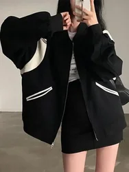 Women Vintage Zipper Black Patchwork Baseball Coat Oversized Bomber Jacket Female Korean Fashion Autumn Casual Loose Windbreaker