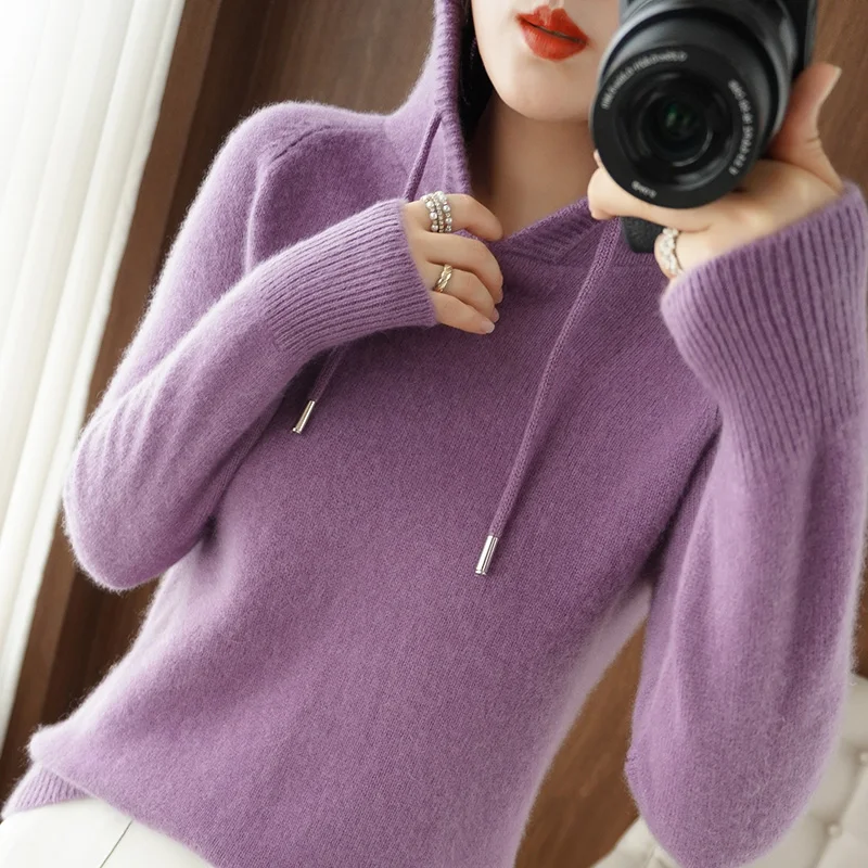 Women Merino Wool Sweater Outwear Hooded Collar Pullover Autumn Winter Bottoming Knitwear Casual Warm Soft Tops Solid Color