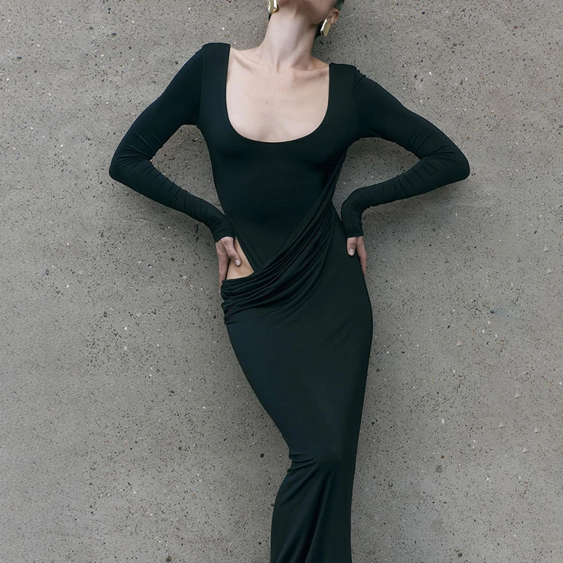 BKLD Dames Elegante Onregelmatige Uitgesneden Plooien Effen Kleur U-hals Bodycon Sexy Backless Lange Mouw Lange Jurk Party Club vestidos