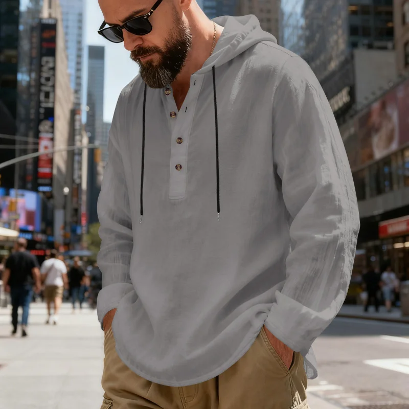 Spring and Autumn New Men's Linen Hooded Henley Shirt Long Sleeve Casual Buttoned Hooded Top Single Piece