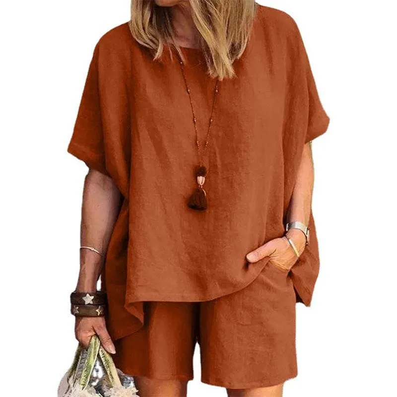 Frauen Sommer Zwei-stück Set Lose Oansatz Kurzen ärmeln Top Elastische Taille Shorts Casual Einfarbig Straße Anzug