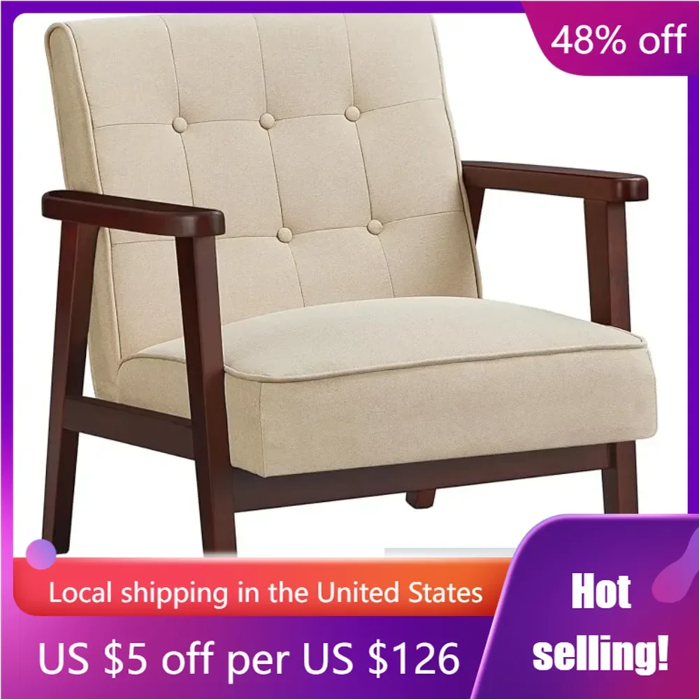 

Beige Armchair Mid-Century Modern Accent Sofa Living Room Chairs Leisure Chair With Solid Wood Armrest and Feet