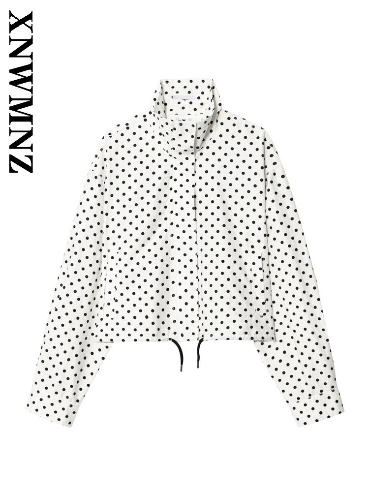 

XNWMNZ 2025 Spring New Women Clothing Fashion Chic Stand Collar Long Sleeve Coat Simple Casual Lady Color Block dot Top zipper