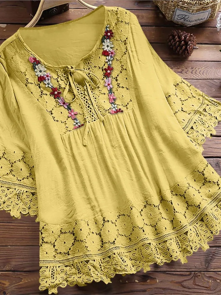 Summer Women Casual Solid Tops Shirt Cotton And Linen Stitching Lace Flower V-neck Loose Top Blouse New Elegant Holiday Shirts