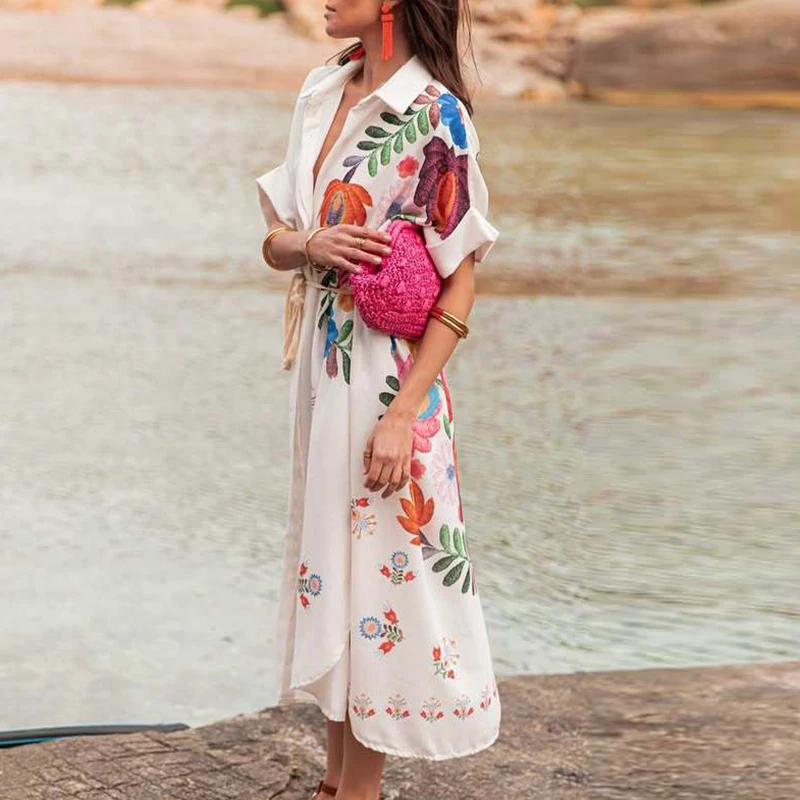 Casual cintura alta solta férias robes feminino plissado único breasted vestido elegante manga curta floral impressão tie-up camisas vestido