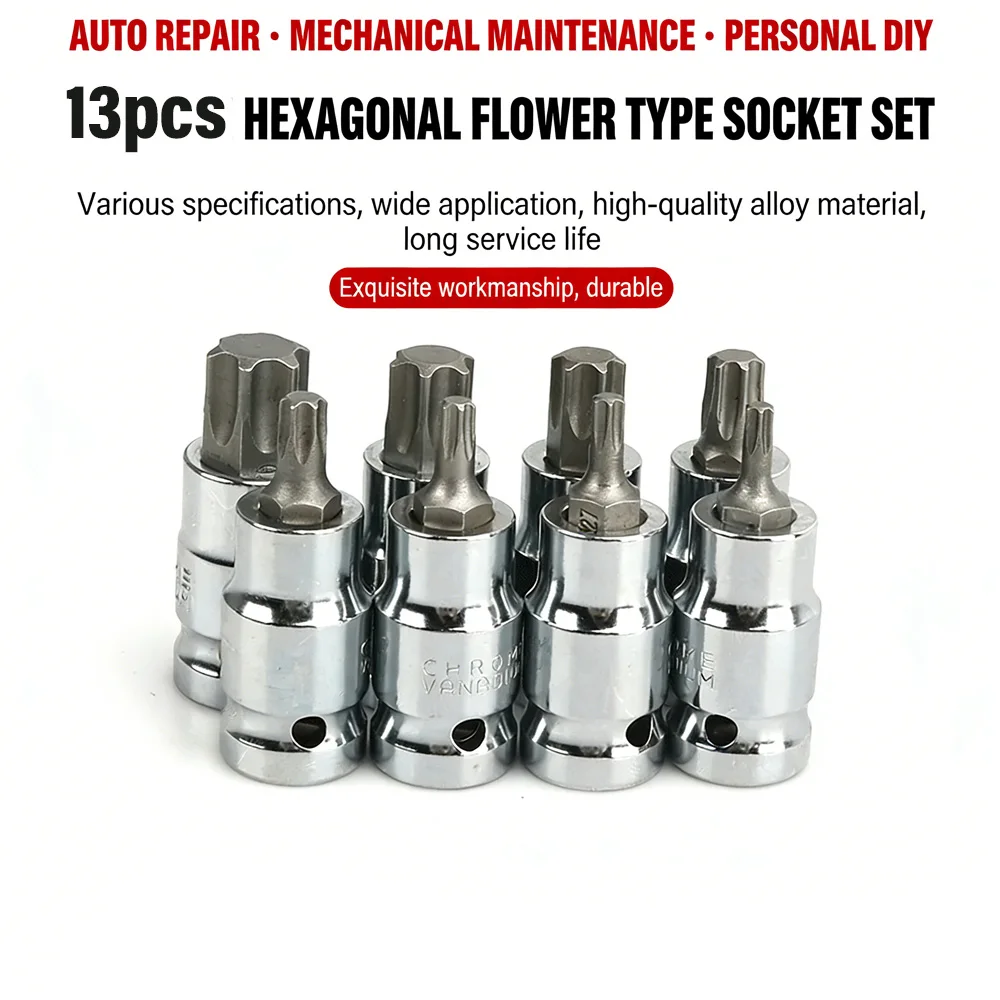 13pcs Torx Bit Socket Set Compatible with CRV S2 Steel Pieces for Automotive Mechanical Repair Garage Workshop Tools with Case
