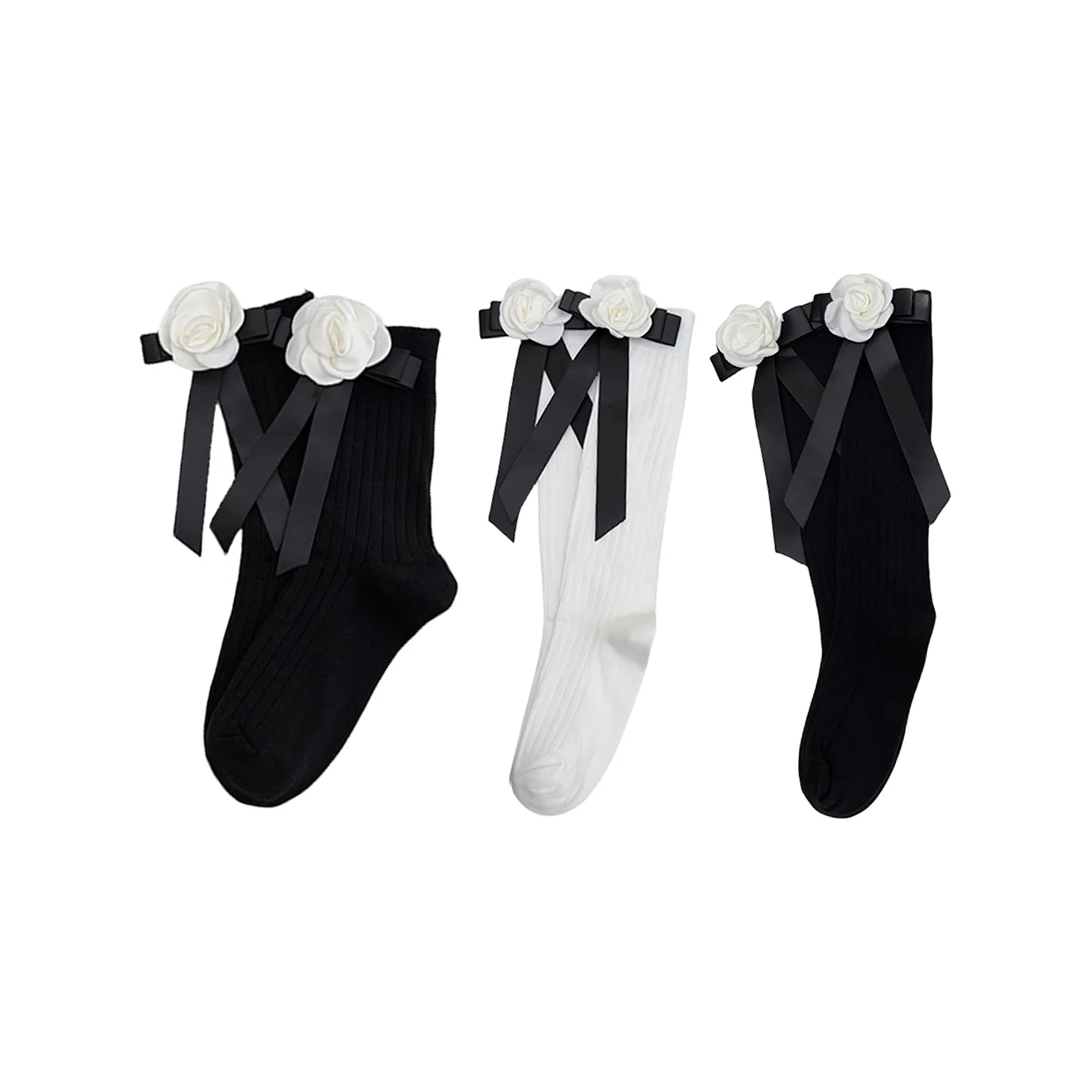 

Camellia black bow calf socks set (1 pair each of black mid-calf socks + white calf socks + black calf socks)
