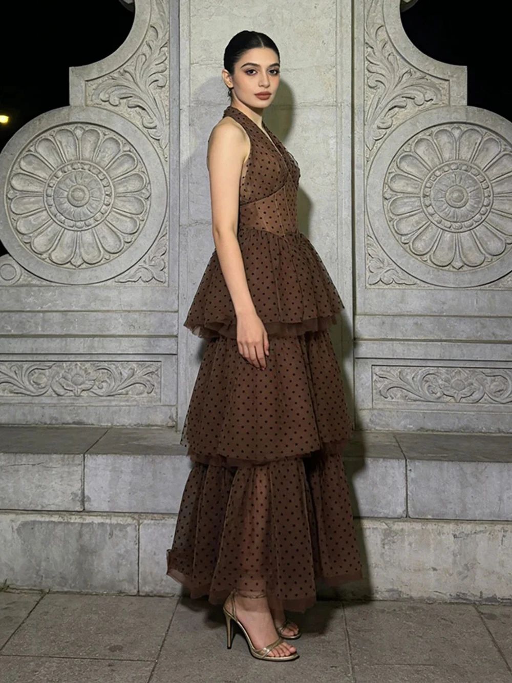 

Retro Hepburn Style Soft Gauze Aatmosphere Hanging Neck Backless Long Skirt 2026 New Women's Polka Dot Ruffle Edge Dress