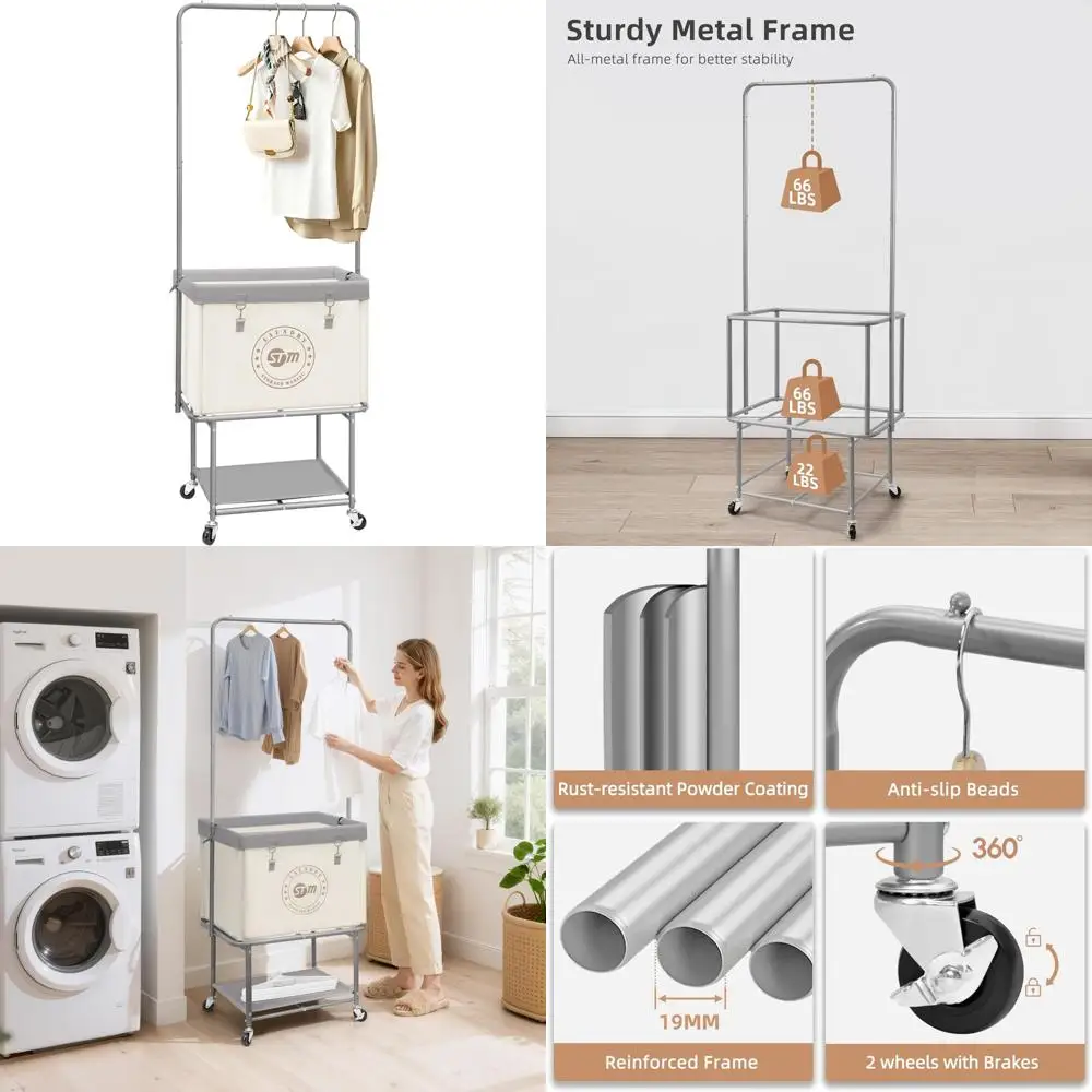 

Large Heavy Duty 110L Laundry Cart with Hanging Bar and Storage Shelf for Clothes Organization
