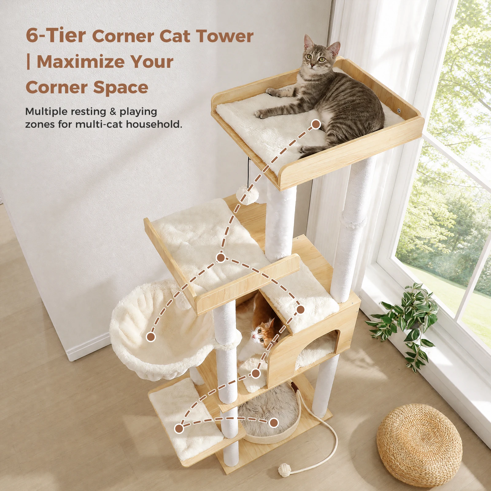 Tall Wood Cat Tree with Detachable Woven Cat Bed Cotton Rope Posts 2 Top Perches Modern Cat Tower for Indoor Cats Large Cat Condo Multi-Level Pet Furniture Cat Toys