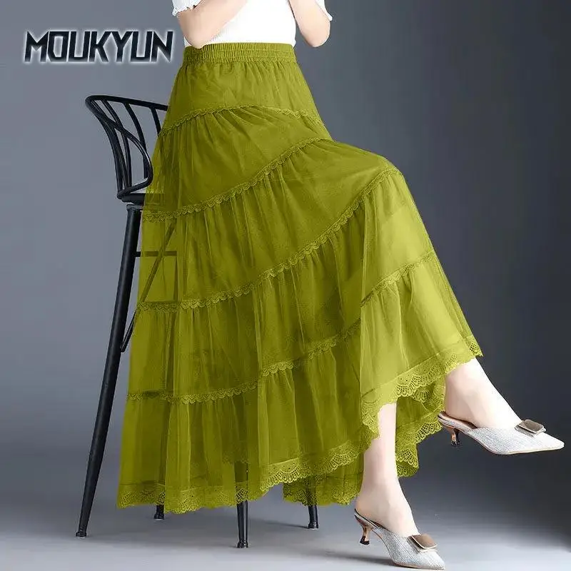 

Spring and Summer Mesh Skirt Fashion High Waist Slimming A-line Fairy Large Pleated Skirt