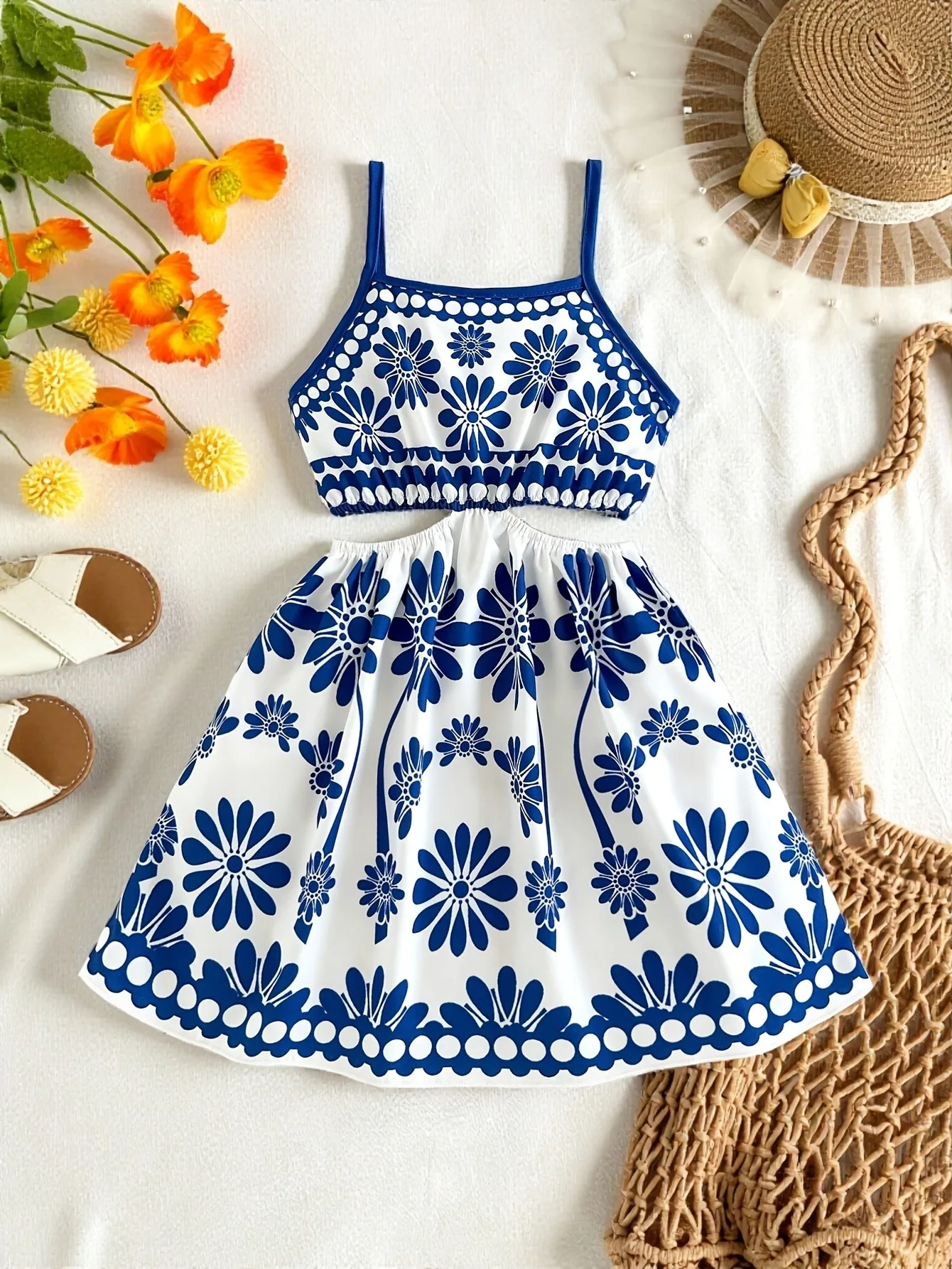 Light Breathable Kids Girls Single Piece Camisole Dress, Retro Blue Floral Print Midriff Hollow Flared Skirt for Picnic Family t