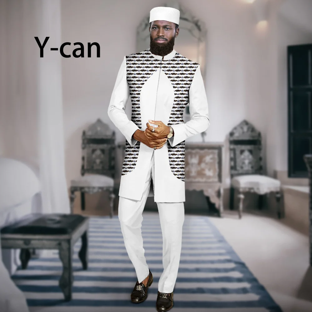 Dashiki Print Bazin Riche Men Suits 3 Piece African Ethnic Style Jacket and Trousers Match Muslim Caps Coat Outfits A2316068