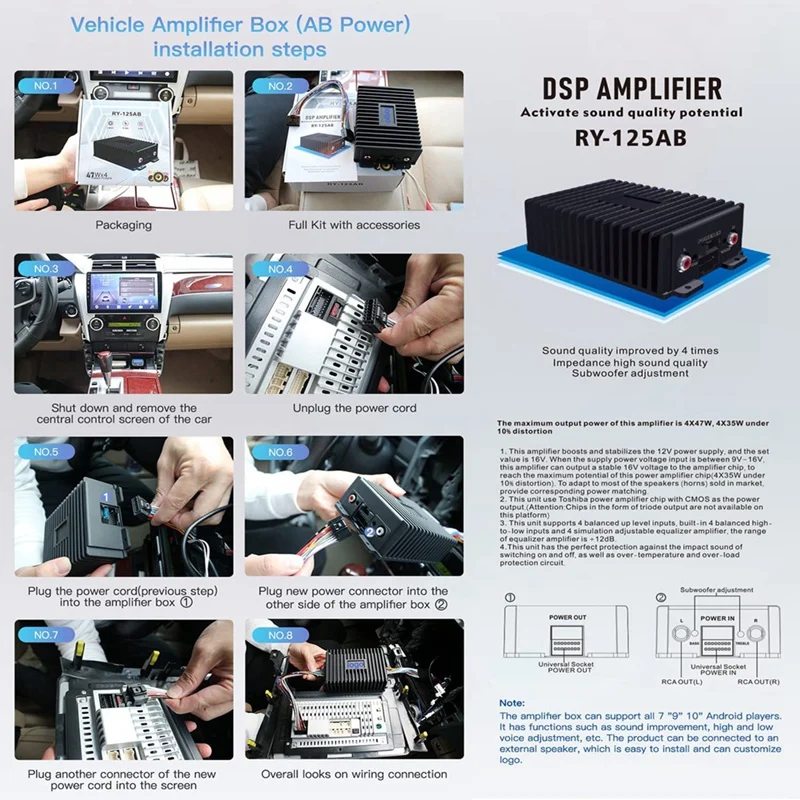 Large Screen Navigation DSP Amplifier Box,Car Stereo Audio 4X47W High Power Sound Upgrade For Radio Super Bass Subwoofer