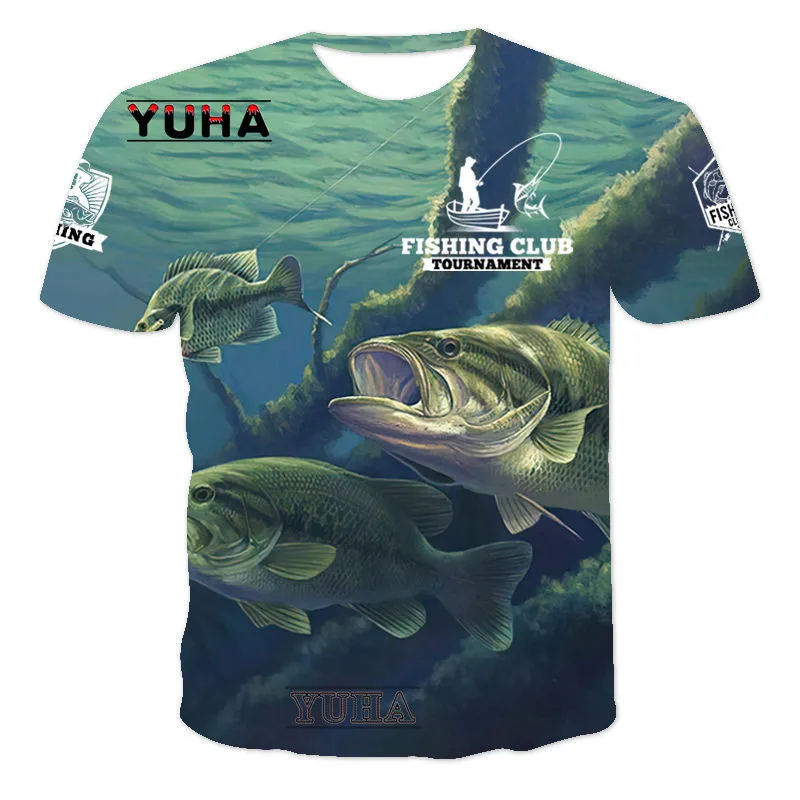 Summer new fishing pattern 3DT shirt men and women round neck short -sleeved casual fish print must -have top & T -shirts