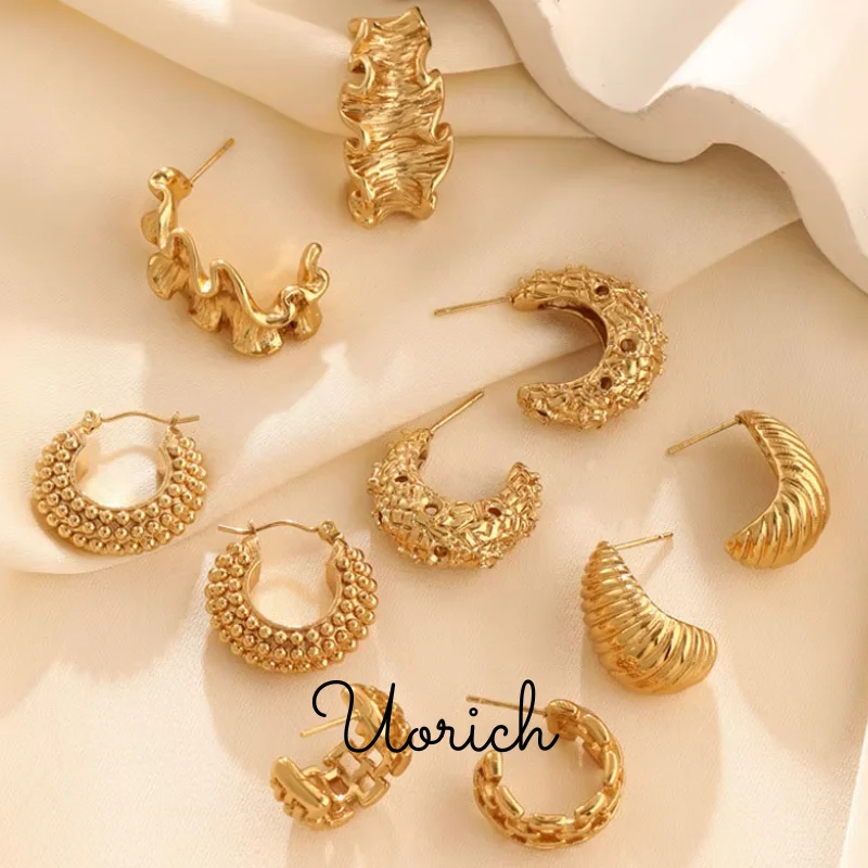 Uorich Retro Gold Color Irregular C-Shape Earrings for Women Stainless Steel Bead Hoop  Studs Earrings Titanium Steel  Jewelry