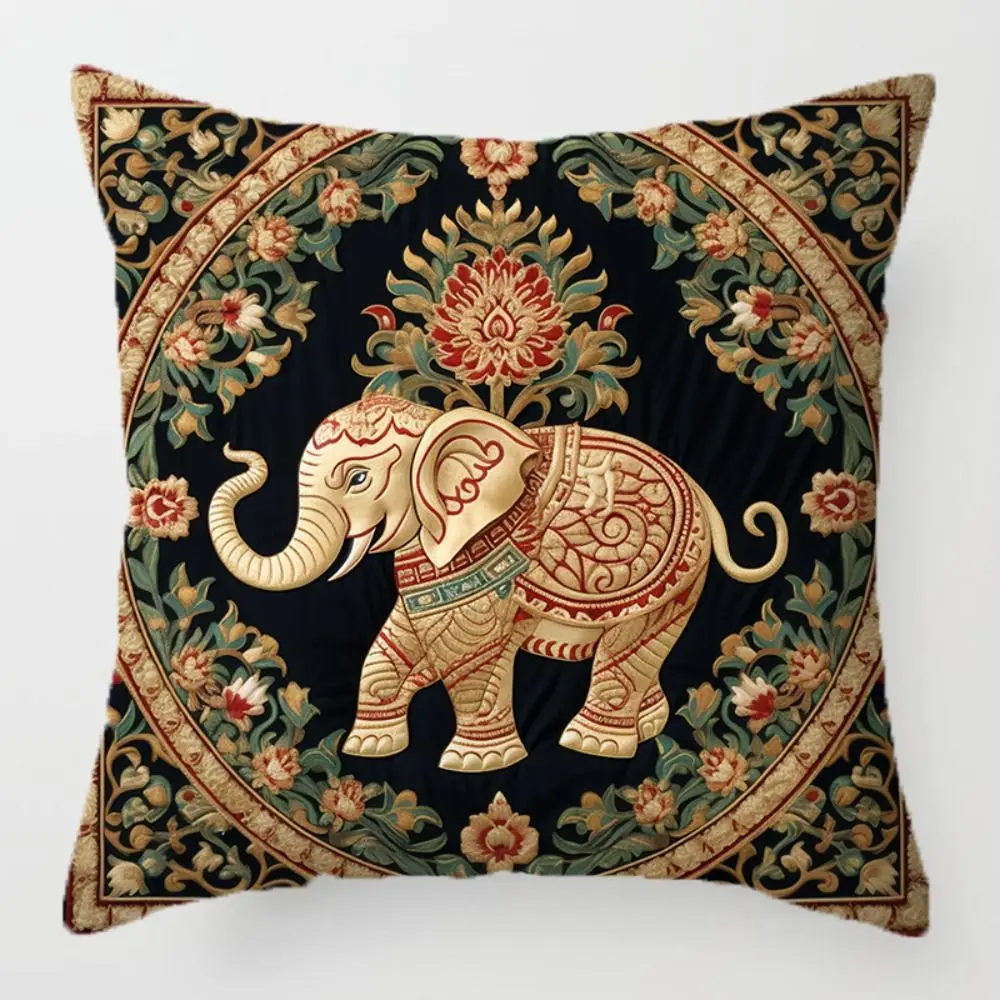 Bohemian Style Elephant Pillow Cover Vintage Pattern Floral Print Throw Pillow Cover Square Shape Elephant Cushion Cover
