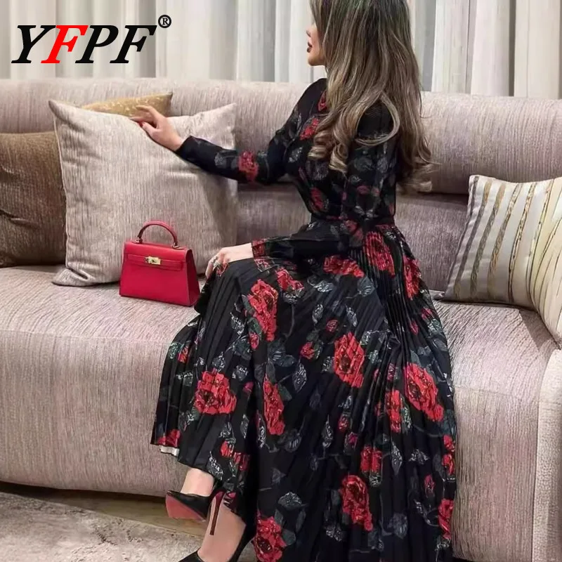 

YFPF women Fashion Miyake Pleated Design 2 Piece Set Floral Print Tops + High Waist A-line Long Skirt 2025 Clothing 3A124