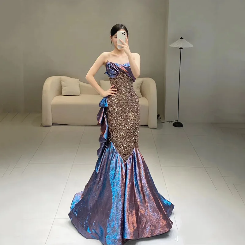 

Vestidos De Fiesta Women Elegant Tube Top Evening Dresses 2023 Exquisite Sequins Prom Gown