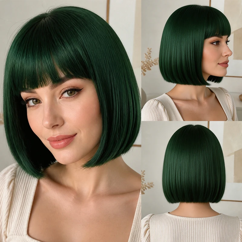 12-inch emerald green lightweight synthetic wig with bangs, easy to comb, suitable for vacation and everyday styling.