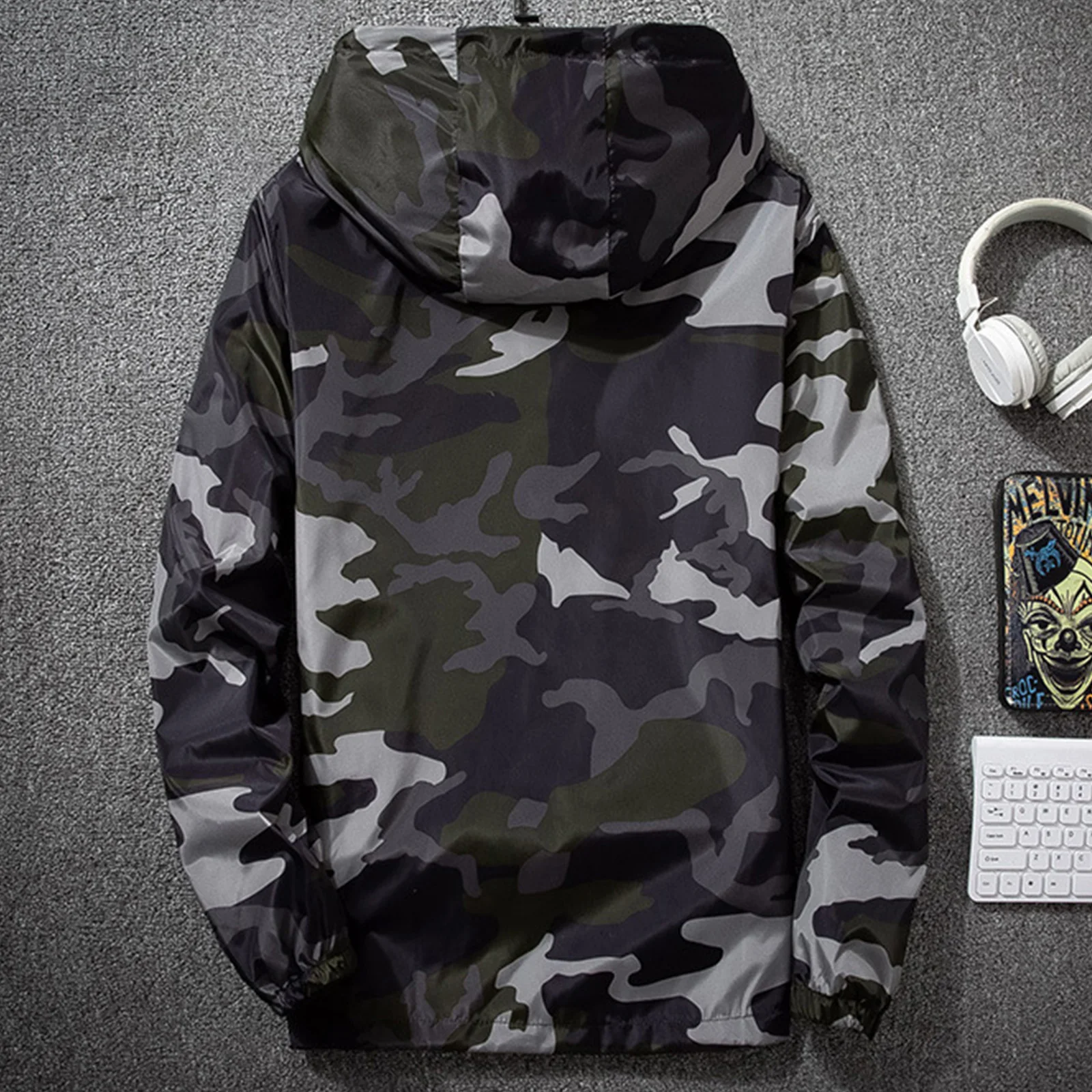 Men Camouflage Printed Hooded Jackets Long Sleeve Zipper Pockets Baseball Coat Windproof Outerwear for Hiking Cycling Daily Wear