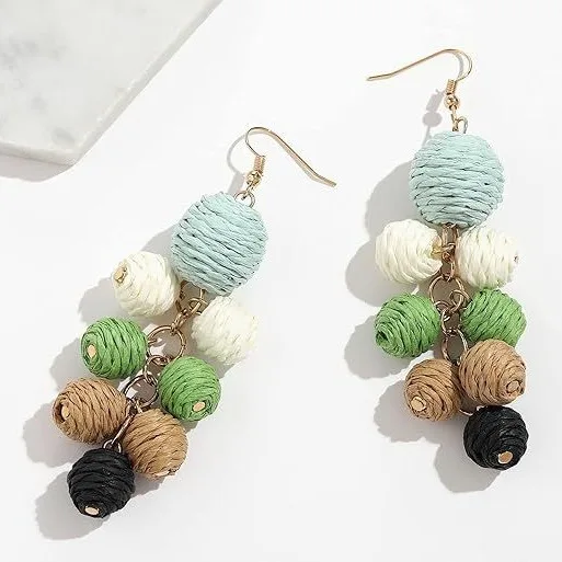 Colorful Raffia Earrings Boho Rattan Raffia Statement Drop Dangle for Women Lightweight Straw  2024 Wicker Earrings Summer Beach