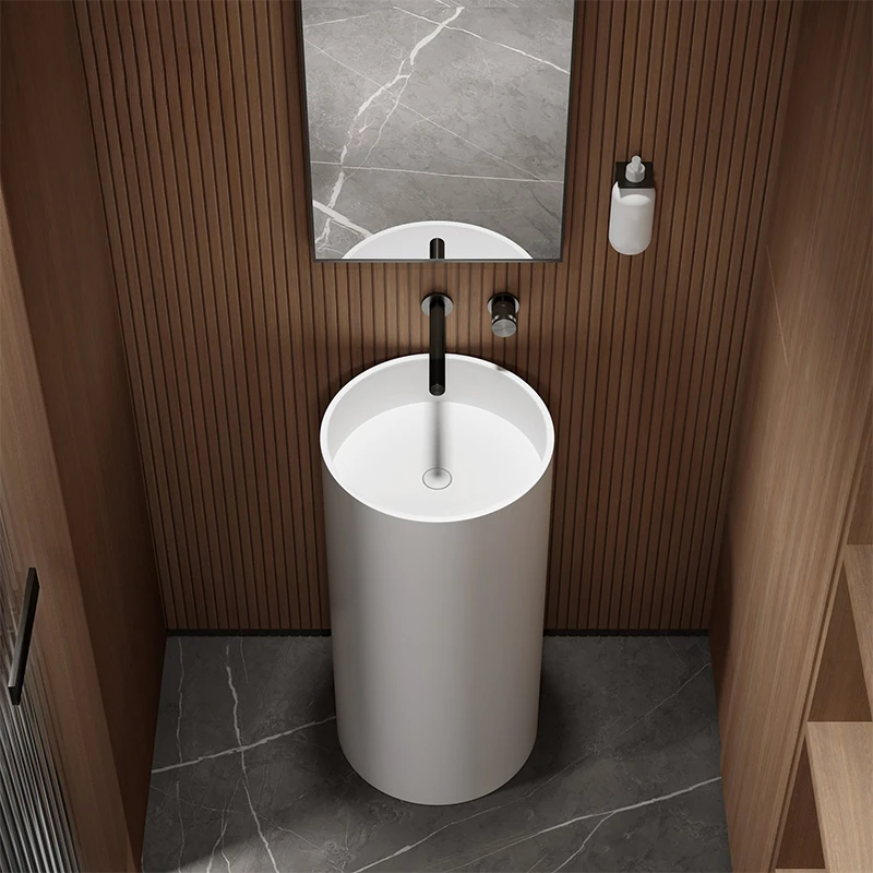 

White artificial stone face wash basin integrated floor standing countertop hotel engineering hand washing column basin