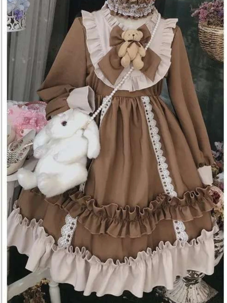 2024 New Kawaii Sleeve Bear Bow Japanese Korean Long Sleeve Dress Casual Full Set Loose Lolita Dresses Fashion Long Sleeve Women