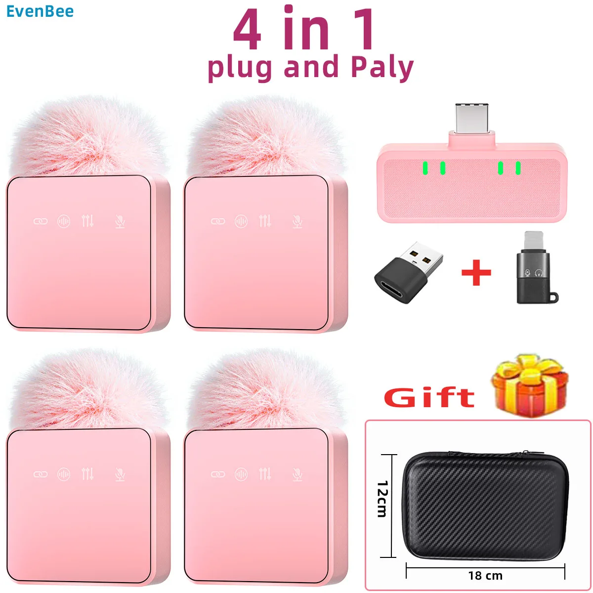 Pink 1 In 4 Wireless Lavalier Microphone Noise Reduction With Windproof Cap Mute Recording Function Portable Audio Video Live
