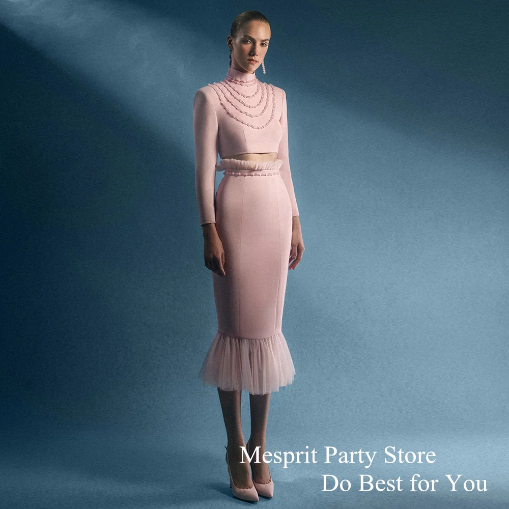 

Pale Pink Cocktail Dress High Neck Beading Two Pieces Wedding Party Dresses Tea Length Mermaid Evening Gown Saudi Arab Dresses