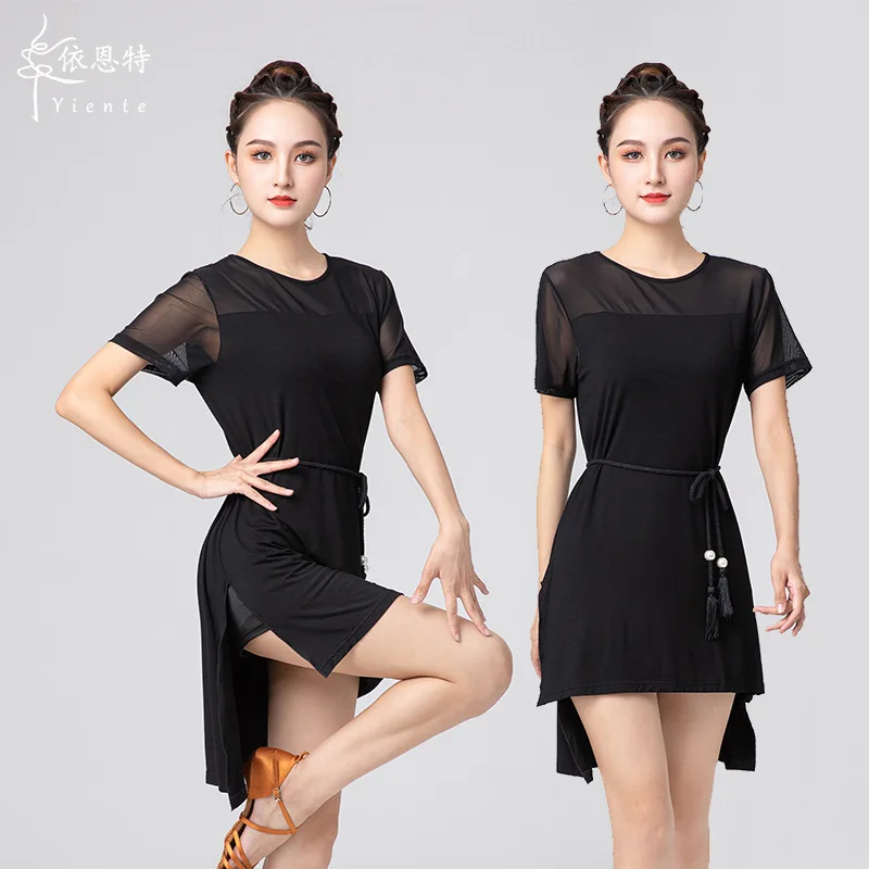 1 ピース/ロット女性ファッション黒ラテンドレスドレス女性の夏の半袖レースパッチワークダンスドレスとベルト