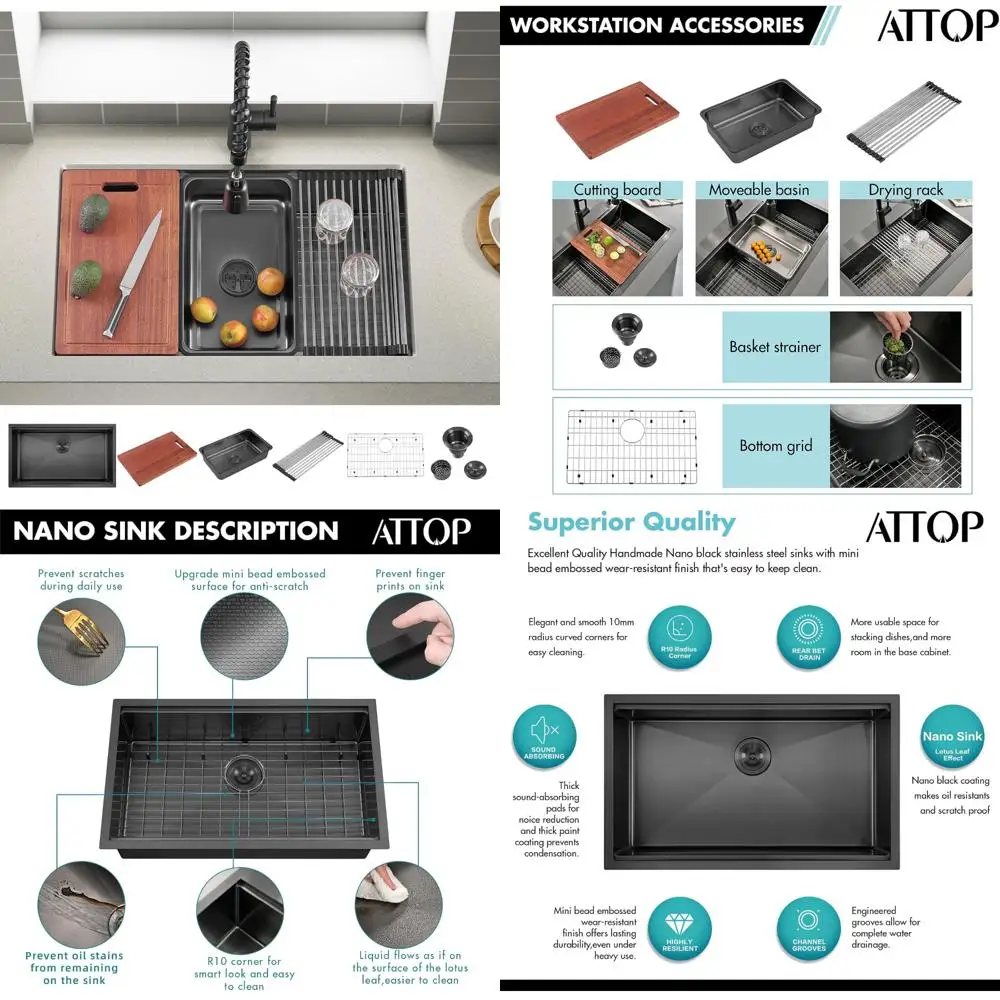 

Large 32 Inch Single Bowl Undermount Kitchen Sink, 32x19 Stainless Steel Handcrafted Workstation with Long Tail Features