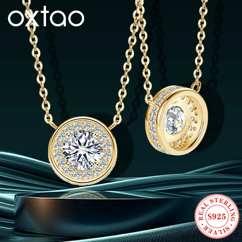 

OXTAO Plated White Gold Real 925 Silver Chain Necklace 6.5mm 1carat D Moissanite Round Pendant Necklaces Female Jewelry Gift