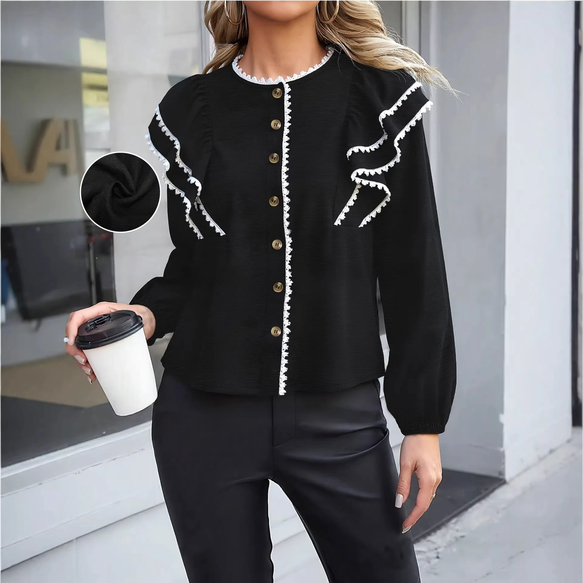 Women's Fashionable Black Round Neck Long Sleeve Shirt With White Lace Puff Sleeves, Elegant Commuting Top Midi Beach Y2k、