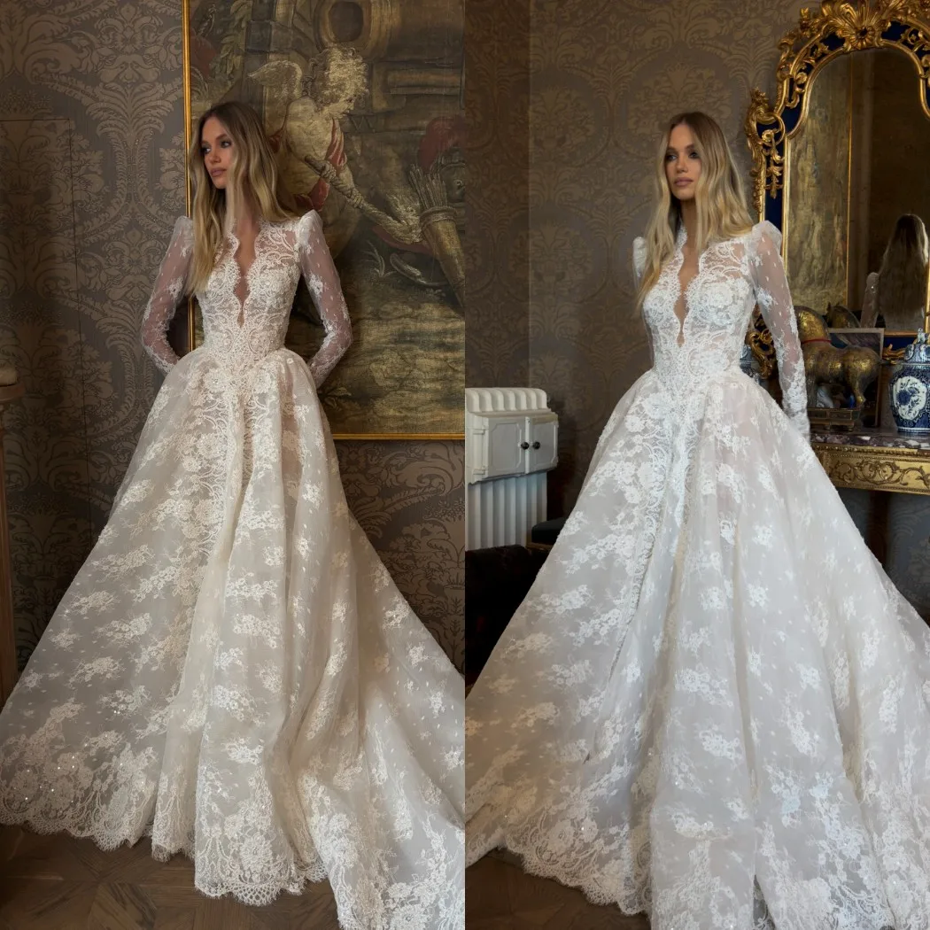 Gorgeous A Line Wedding Dresses V Neck Long Sleeves Beads Appliques Lace Bridal Gowns Customized Lace-UP Back Sweep Train Robe