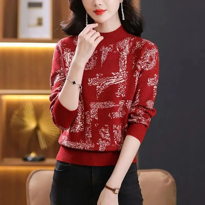 New Autumn/Winter Fashion Korean Edition Colorblock Jacquard Half High Neck Loose Versatile Slim Women\'s Long Sleeve Sweater