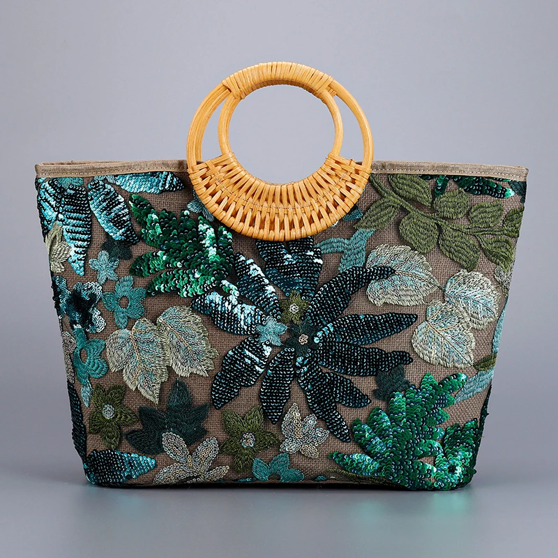 

Fashion Sequins Embroidery Tote Bag Round Wooden Handle Women Handbags Sweet Floral Summer Beach Bag Shiny Shopper Purses 2025