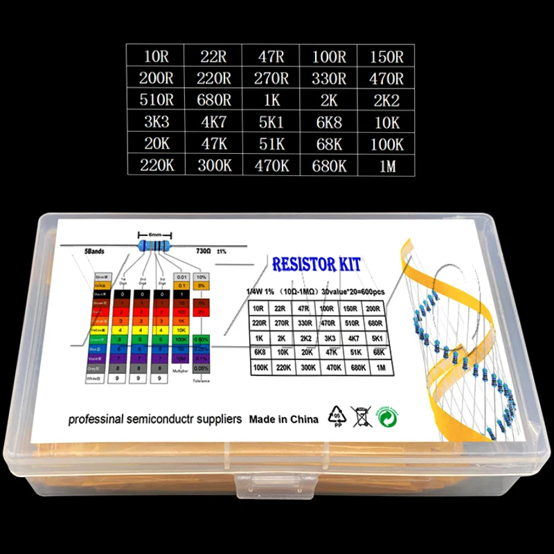 600pcs 1/4W Metal Film Resistor Kit 1% Resistor Assorted Kit Set 10 -1M Ohm Resistance Pack 30 Values each 20pcs DIY Kit