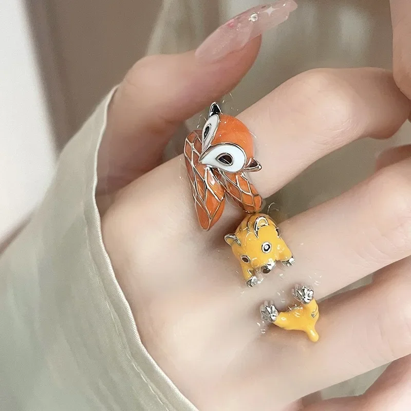 Bohemia Cute Red Enamel Cartoon Fox Opening Couple Rings for Women Charm Design Animal Dog Finger Jewelry Accessories Party Gift