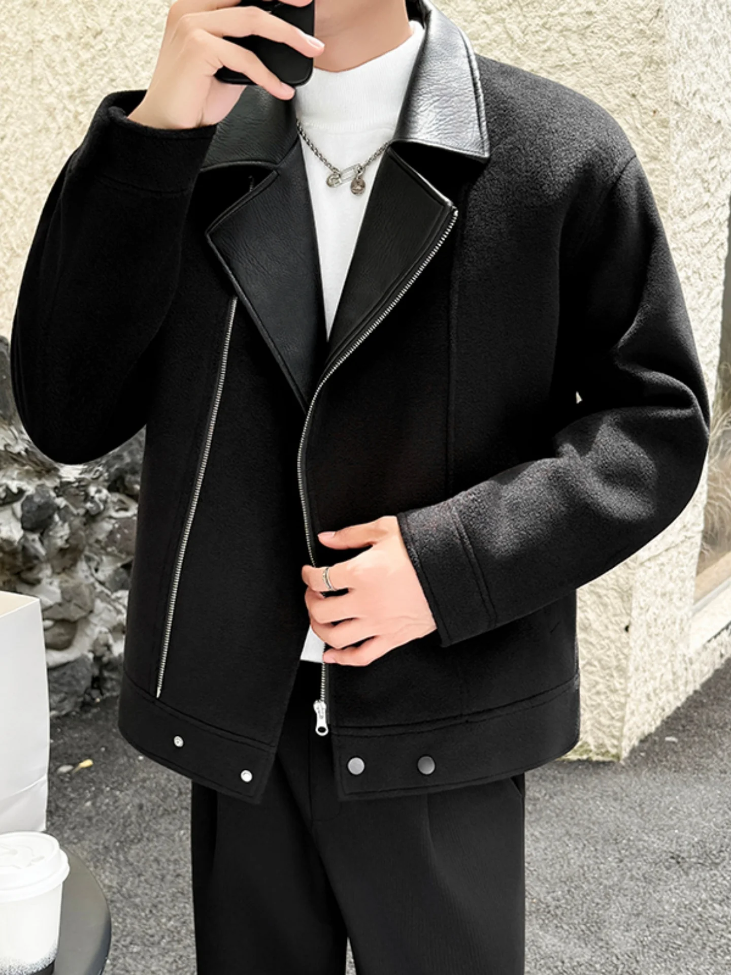 

Ele Men's Woolen Jaet Autumn Winter Lightweight Luxury Sle Casual Faion Outerwear with Tuxedo Collar And Side kets