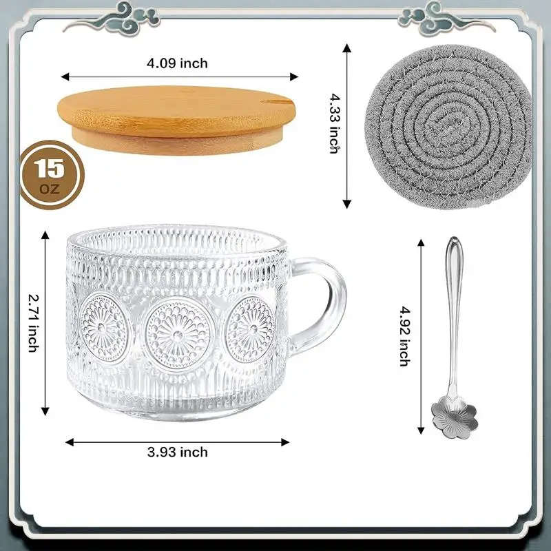 Durable Vintage Coffee Glass Mugs Set Of 2, Glass Coffee Tea Cups With Bamboo Lids, Coaster And Spoons,15Oz Clear Embossed Durab