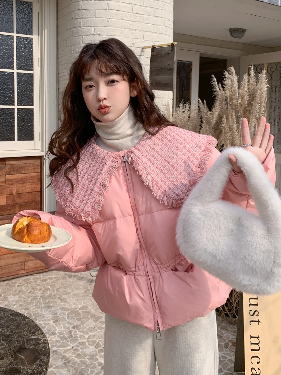 

Pink Doll Collar down Jaet Women's Winter Thiened ort Du Feather Coat Commute Korean Sle 50% down Pure Color